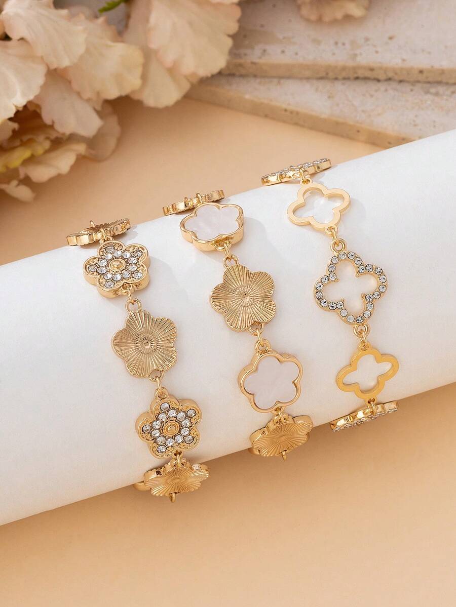 Set de 3 piezas de pulsera con dije de trébol de cuatro hojas hueco con strass de lujo para mujeres - Multicolor - Ver 1