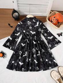Mädchen Halloween Kleid mit Rüschen-Ärmeln, Stehkragen und Halloween-Grafik-Muster, lässig