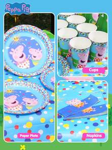 Hasbro 37pcs Official Peppa Pig Party Supplies Set, Including Tablecloth, Paper Cups, Paper Plates, Napkins, Cartoon Theme Birthday Party Disposable Tableware Set, Party Favors, Suitable For Christmas, Halloween And Other Holiday Celebrations And Gifts.