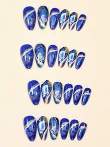 星系漸變閃粉中圓指假甲套裝(24入組)+1入組凝膠膠+1入組指甲沙銼，壓鑄式假甲，美甲用品 - 彩色 - 查看 3