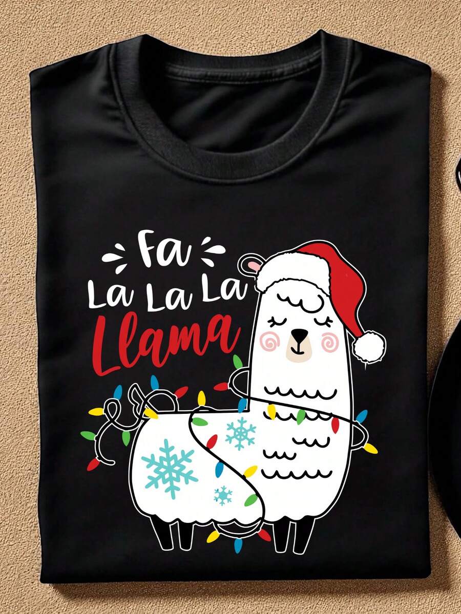 Fa La La La Llama Shirt, Sarcastic Llama Christmas T-Shirt, Holiday Season Tee, Xmas Vibes Short Sleeve Shirts, Llama Funny Christmas. MA-1191 - Black - View 1
