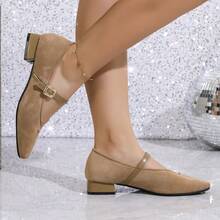 Sapatilhas de bailarina femininas elegantes, confortáveis, estilo balé, bico quadrado, tira preta, minimalistas, adequadas para festas, banquetes, feriados, boates, saltos grossos versáteis - Caqui - Ver 4