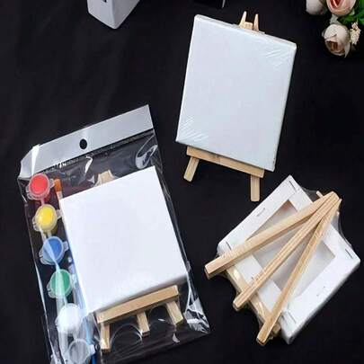 5pcs/Set Mini Stretched Canvas, Palette, Brush, Easel, 6 Colors Paint, Wooden Easel, Art Primed Canvas, Suitable For Painting, Acrylic Pouring, Oil Painting And Wet Art Media, DIY Miniature House Decor, Birthday, Mother's Day, Easter, Graduation Gift
