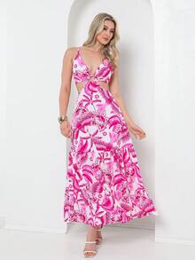 Dress With Elastane At The Back, You Can Tie It At The Back With A Print - 粉色 - 查看 2