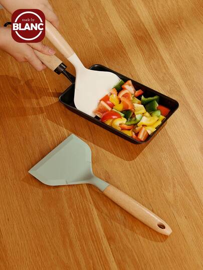 硅胶宽铲，带木柄，不粘煎饼、鱼、鸡蛋、饼干、煎蛋铲，灵活适用于不粘锅具（黑色）