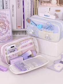 1 件高品质抽绳铅笔盒，采用 3D 贴片设计，大容量奢华文具袋，颜色柔和，适合学生、返校礼物