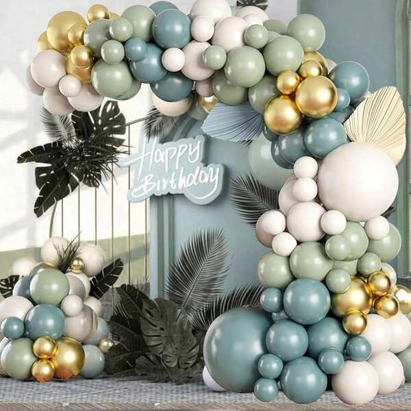 Kit de arco de globos con globos verde salvia, dorados, azul polvoriento y blancos para decoraciones de cumpleaños, baby shower, boda y bautizo en color verde salvia