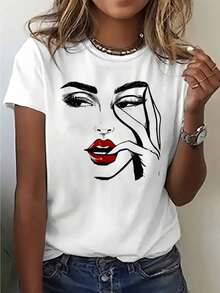 Short Sleeved Round Neck Breathable T-Shirt - 1pc Women's Casual Graphic Printed Top For Summer And Spring - Fun Fashion Comfortable - White - View 1