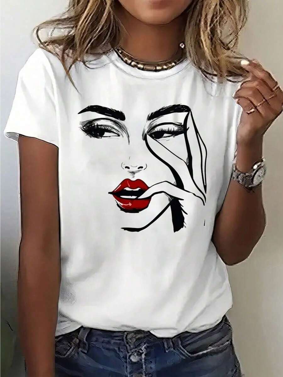 Short Sleeved Round Neck Breathable T-Shirt - 1pc Women's Casual Graphic Printed Top For Summer And Spring - Fun Fashion Comfortable - White - View 1