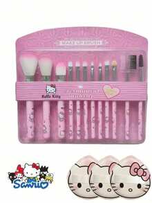 Set di 15 pennelli trucco per signora Hello Kitty di Sanrio, set di pennelli trucco professionali - Blush in polvere rosa, matita sopracciglia, rossetto, ombretto, set di pennelli e cuscinetto per cipria, adatto per principianti