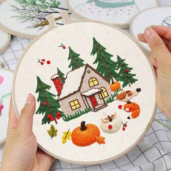 1 套适合初学者的温暖冬季小屋刺绣入门套件，十字绣装饰图案，7.87x7.28 英寸 DIY 手工套装，成人工艺套件包括图案、线、箍、针、说明，是万圣节/感恩节/情人节/圣诞节/生日的理想礼物