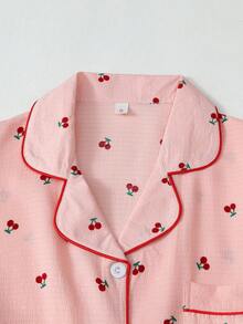 طقم بيجامة مطبوع بالكرز 2 قطعة، ملابس علوية بياقة وأزرار طويل الأكمام وبنطلون، ملابس نوم وملابس منزلية للنساء، مناسبة للخريف/الشتاء