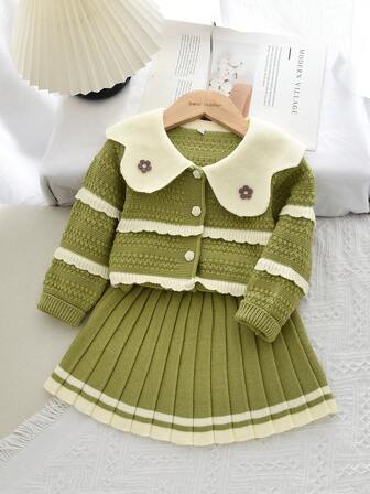 休闲毛衣套装冬秋可爱花朵长袖翻领单排扣开衫和百褶裙，适合2至6岁小女孩