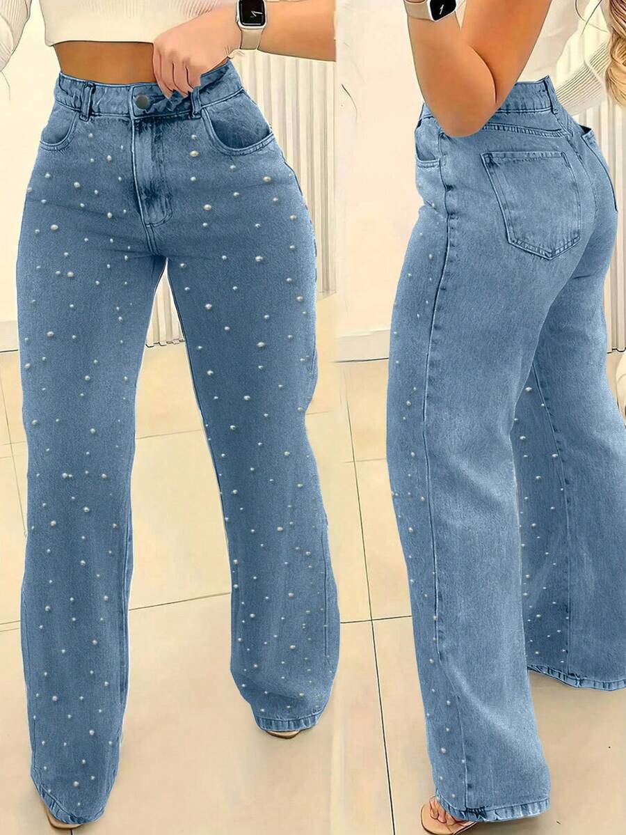 Women's Multi-Pocket Straight Jeans With Pearl Design, Women's Casual And Versatile Jeans Pantalones De Mujer Jean - Blue - View 1
