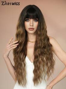 7JHH WIGS Olive Brown Ombre Wig Loose Extra Long Wavy Wigs For Women, Synthetic Wave Curly Wig With Bangs Dark Roots Hairline, Silky Soft Heat Resistant Fiber Hair For Daily Wear, Music Festivals Celebrations Party Use 30 Inch - 鏽棕色 - 查看 3