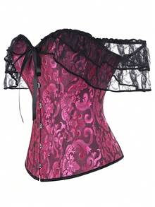 女式露肩提花束腰蕾丝吊带紧身上衣，适合新年派对、情人节、节日、复古服装 - 黑玫紅 - 查看 2