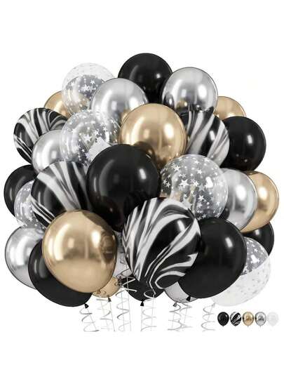 10/12 Inch Marble Black, Metallic Gold And Silver Latex Balloons With Transparent Star Print Gradient, Suitable For Gender Reveal Party, Bachelor Party, Carnival Party, Birthday, Graduation, Anniversary, Independence Day Party, Bridal Shower, Christmas, Valentine's Day, Mother's Day, Holiday Party, Festival