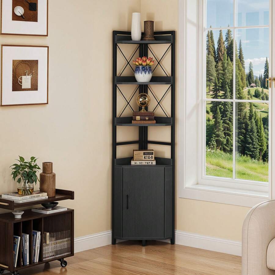 Eckregal 4 Ebenen mit Schrank, Eck-Bücherregal, Standregal Freistehend, Holzregal mit Stahlrahmen, Schwarz -von GeoTower-