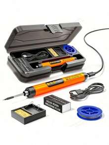 مُلحم رقمي USB مع شاشة LCD، زر ضبط درجة الحرارة، سلك ملحم، حامل ملحم، ماصّ قصدير، روزين، صندوق تخزين