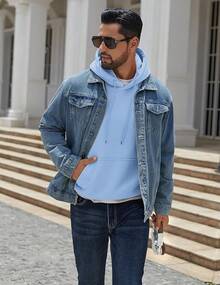 Men Cotton Fleece Hooded Sweatshirt Casual Long Sleeve Hoodies Pullover Fashion Drawstring Hoodie With Kanga Pocket - 淺藍色 - 查看 4