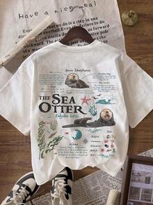 Vintage Sea Otter Biology Graphic Short Sleeve Casual Round Neck T-Shirt-Women's Soft Autumn 100% Cotton T-Shirt Casual Outer/Inner Wear Warm - 白色 - 查看 3