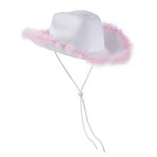 Womens Cowboy Hat, Adult Solid Color Furry Trim Wide Brim Hat Female Cap For Dating Party - White Powder Feathers - View 4