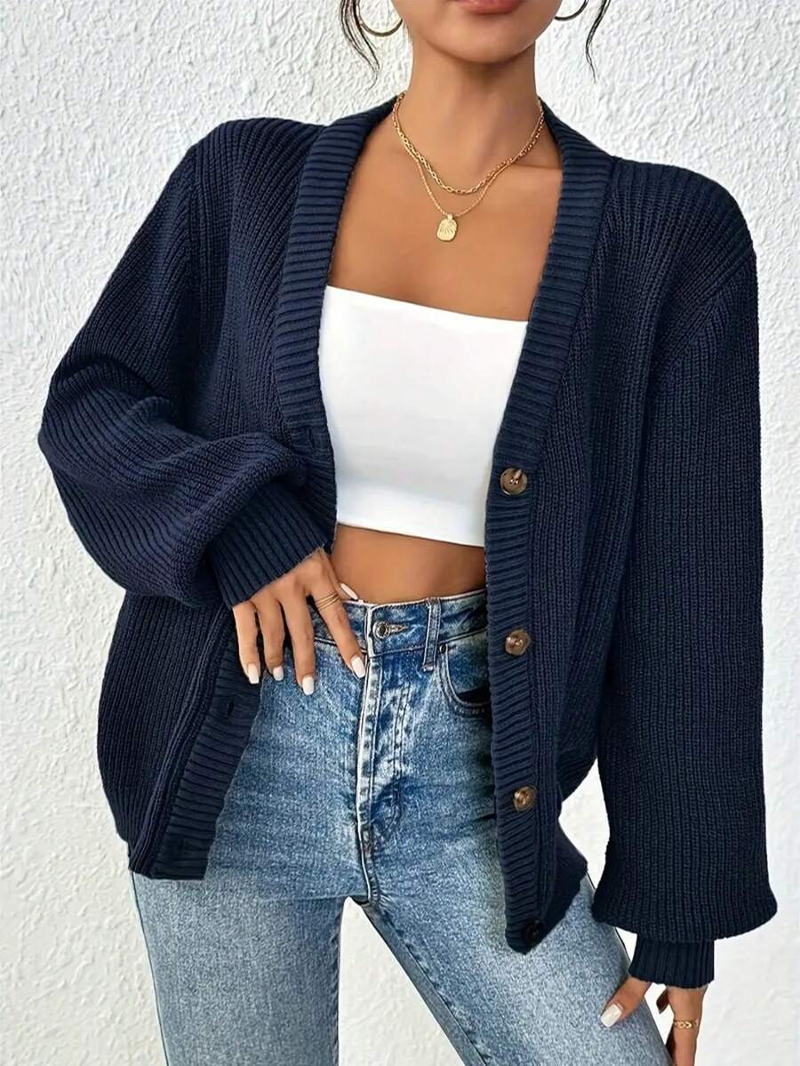 Women's Sweater - Simple Casual Front Button Design Soft Cardigan, Emerald Green Casual Fashion Sweater Ribbed Knitted, A Must-Have For All Seasons, Loose And Comfortable Fabric Long-Sleeved Top, V-Neck Design Front Button Breathable Material, Elegant Style For Daily Office Wear - 藍色 - 查看 1