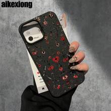 Hermosas fundas y carcasas protectoras para teléfono con diseño de flores rojas y orificios grandes. Compatibles con phone 16 Pro Max, 16, 15 Pro, 14, 14 Plus/14 Pro Max, 13, 13 Pro, 12 Pro, 11/11 Pro. Regalos para cumpleaños y festividades - Negro - Ver 8