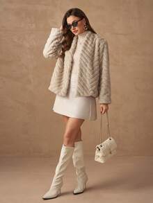 Women's Solid Apricot V-Neck Long Sleeve Faux Fur Geometric Pattern Elegant Fuzzy Jacket, Suitable For Daily, Commute, Business, Casual Wear