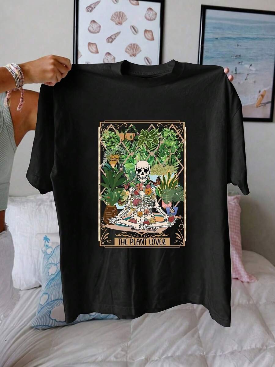 Summer Women's Top Floral And Skull Print T-Shirt - Everyday Wear, Short Sleeves, Round Neck, Casual Style, Tropical And Botanical Skeleton Motif, For Plant Lovers; Graphic Skull T-Shirt For Women, Nature-Inspired Design, Breathable Fabric - Black - View 1
