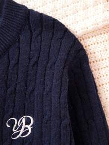 Girls' Elegant Embroidered Cardigan Sweater, Round Neck Long Sleeve Button-Up Solid Color Twist Knit Tops, Casual Preppy British Style Warm Outerwear For 3-12 Years Old, Suitable For Spring, Autumn And Winter - Royal Blue - View 3