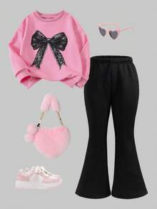Conjunto de 2 piezas de sudadera rosa holgada con puños y bajo acanalados, cuello redondo, manga larga y estampado de lazo de encaje, emparejada con pantalones negros acampanados de cintura elástica, para niñas en otoño/invierno con estilo vintage y casual