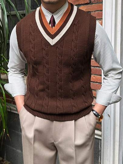 Men's Collegiate Style Patchwork Cable Knit V-Neck Sweater Vest, Fall/Winter