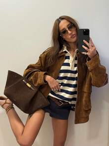秋冬飞行员夹克女士外套麂皮夹克女士街头服饰假日女士大衣拉链新款大衣 - 咖啡棕 - 查看 4