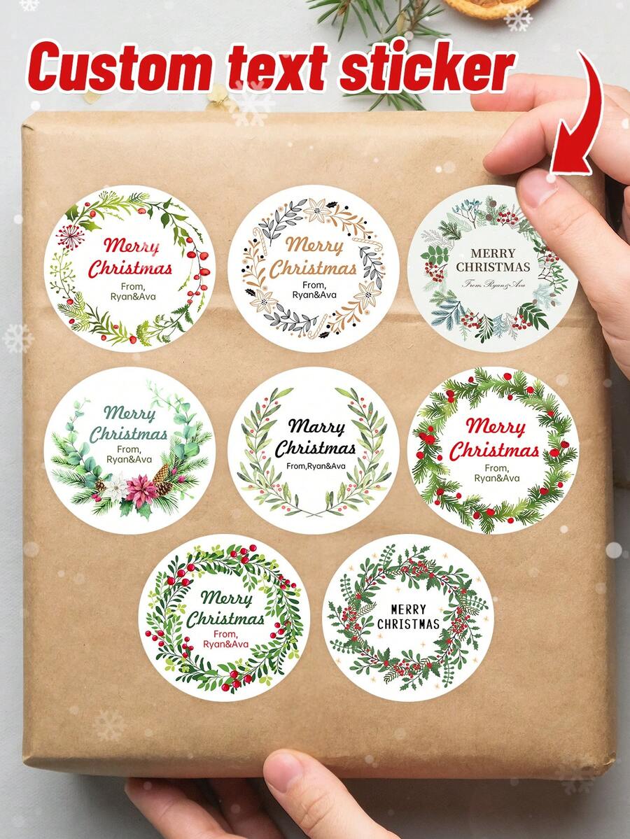 24pcs Customized Christmas Text Round Stickers, Personalized Holiday Candy Gift Bags And Envelope Labels, Customized Text Stickers, Customized 5*5cm Round Stickers, Customized Christmas Gift Packaging Labels, Specially Designed Cute & Romantic Christmas Wreath, Berry Scene Combination, Various Pattern Stickers For You To Choose, Suitable For Personalized Merry Christmas Labels - Multicolor - View 1