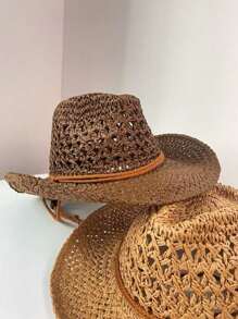 1 件纯色休闲波西米亚纸镂空草帽，西部牛仔帽，百搭时尚简约设计，防风系带，男女通用，适合所有季节