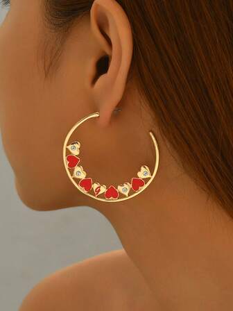 1 par moderiktiga eleganta örhängen med strass och geometriska hjärtan, C-formade ringar, smycken för vardags-/festbruk för kvinnor, även lämpliga som julklappar och alla hjärtans dag-presenter