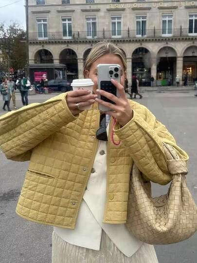 Chaqueta acolchada y acolchada amarilla para mujer, abrigo casual y suelto para otoño