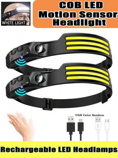 1/2/3 Packs Rechargeable LED Headlamps –230 C Wide Drawstring, Waterproof, Suitable For Running, Car Repair, Night Fishing, Camping-High-Power USB Headlights COB Floodlight & Motion Sensor – Super Bright, Adjustable Beam, Water-Resistant
