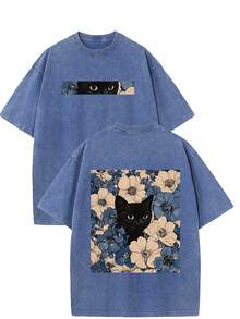 Black Cat Floral Pattern, Fun Print, Vintage Washed Pure Cotton T-Shirt, Y2k Style, American Street Style, Suitable For Both Men And Women To Wear - 寶藍色 - 查看 1
