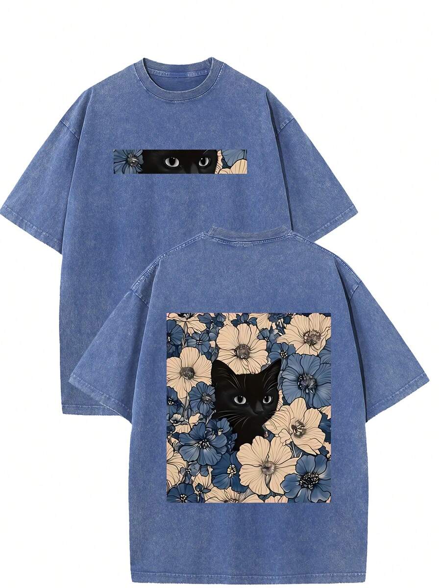 Black Cat Floral Pattern, Fun Print, Vintage Washed Pure Cotton T-Shirt, Y2k Style, American Street Style, Suitable For Both Men And Women To Wear - 寶藍色 - 查看 1