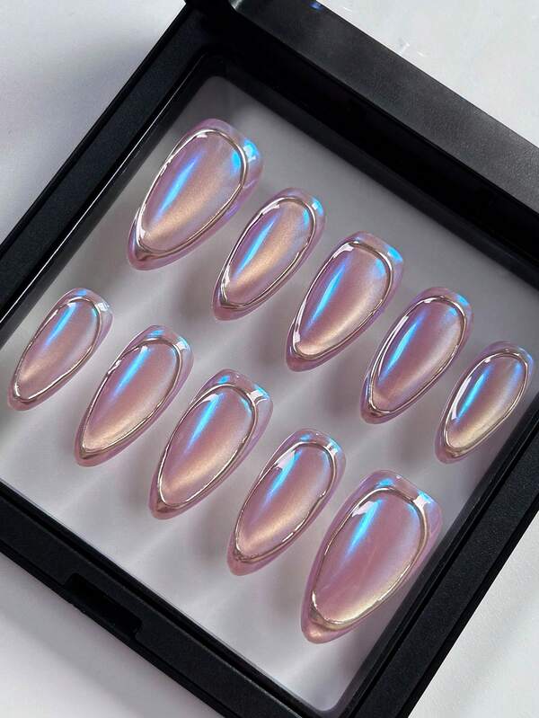 MXYIYANR 10 Stücke mandelförmige Katzenaugen-Handgefertigte Aufklebe-Nägel, glänzend lila Katzenaugen-Handgefertigte Aufklebe-Nägel, verchromter Rand-Design Handgefertigte Künstliche Nägel, einfach und sanft, zeigt Handlänge, geeignet für Mädchen und Frauen für Alltag, Party, Fest Nageldekoration, Geschenke für weibliche Freunde