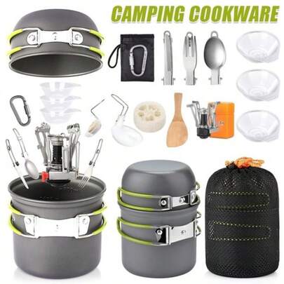 Lislark 14Pcs Camping Cookware Kit Outdoor Hiking Picnic Cooking Pot Pan Spoon Stove Set