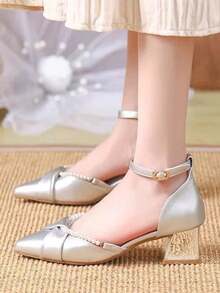 Zapatos de tacón altos elegantes y sofisticados para mujer, con tacón grueso, punta afilada, diseño hueco y estilo versátil. - Plateado - Ver 3