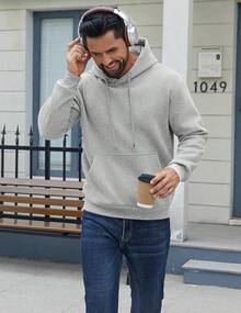 Men Cotton Fleece Hooded Sweatshirt Casual Long Sleeve Hoodies Pullover Fashion Drawstring Hoodie With Kanga Pocket - 淺灰色 - 查看 2