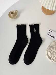 1 双女士 Maillard 花卉蕾丝边中筒袜，可爱甜美复古花卉中筒袜，适合日常休闲穿着、运动、通勤、送礼、所有场合和节日 - 彩色 - 查看 6