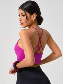 Leorrey 1pc Women's Comfortable Fitted Fashionable Solid Color Crew Neck Sleeveless Sexy Crop Top For Outdoor Fitness Workout Running Yoga - Purple - View 7