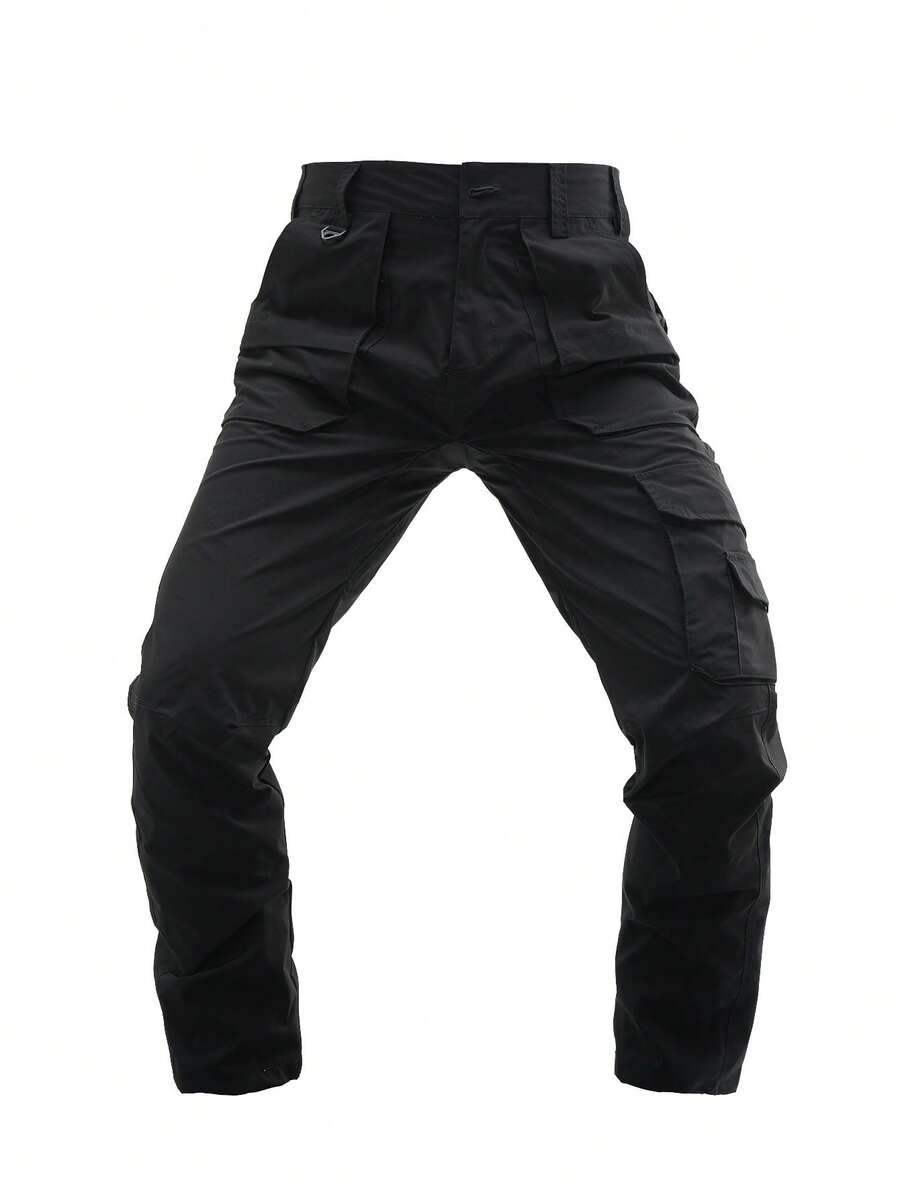 Pantalones cargo multibolsillos de color liso para hombre con solapa. Pantalones de trabajo resistentes y duraderos. Versátiles para el trabajo diario, senderismo, montañismo y acampadas. Pantalones utilitarios resistentes. Ropa para hombre. - Negro - Ver 1