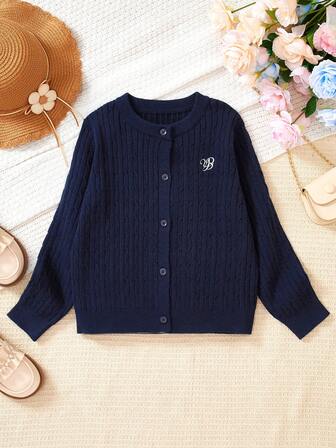 Elegant broderad kofta för flickor, rund halsringning, långärmad, knäppt, enfärgad, stickad topp, avslappnad, preppy, brittisk stil, varma ytterkläder för 3-12 år, lämplig för vår, höst och vinter