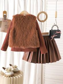 3pcs Fashion Girls Toddler Wool Vest Jacket, Long Sleeve Knit Top And Faux Leather Skirt Set, Spring/Autumn - Chocolate Brown - View 3